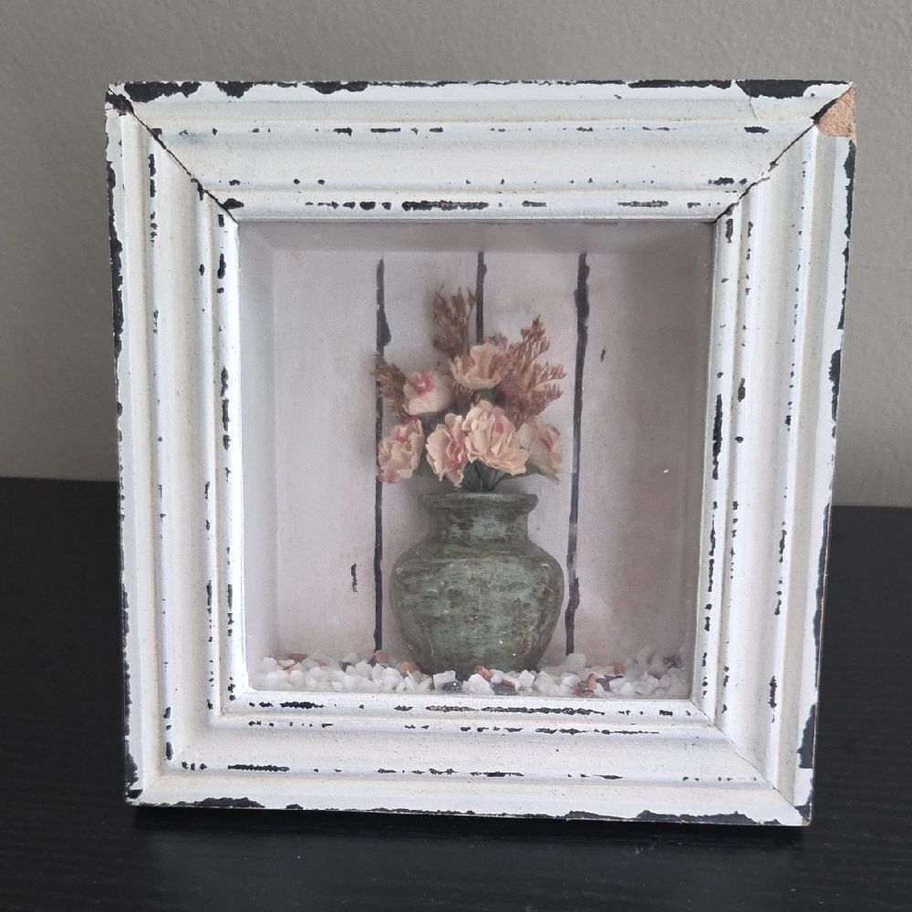 Rustic White Shadow Box with Green Vase and Pink Flowers